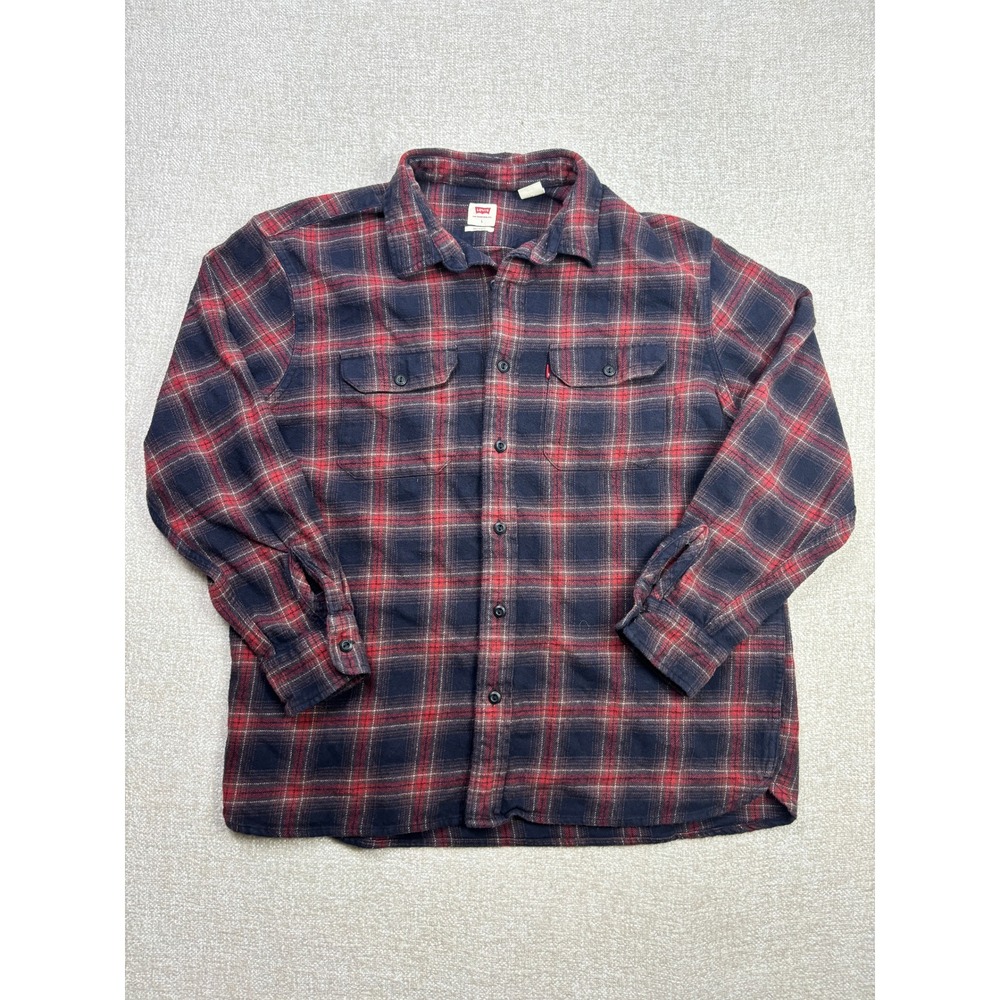 Levis Mens Relaxed Fit Flannel Shirt Red Navy Blue Plaid Cotton Button Down L